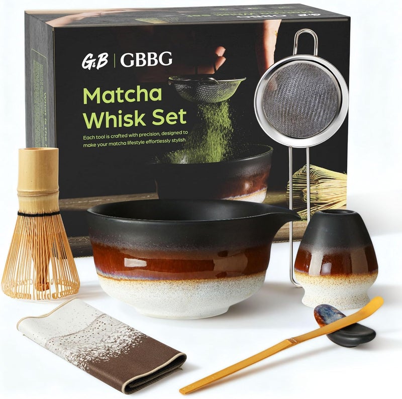 GBBG Matcha Whisk Set, Ceramic Matcha Kit Desert Style, Matcha Whisk and Bowl, Bamboo Scoop and Rest, Sifter and Tea Towel, 7 Pcs Gifts for Matcha Lover - Matte Black - Image 1